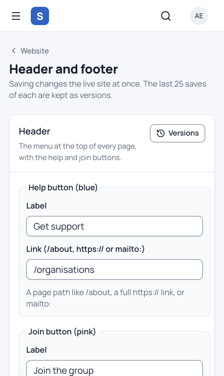 Menus and footer, on a phone.