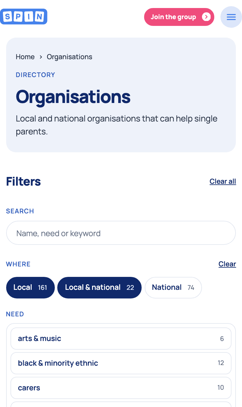 Organisations directory, on a phone.
