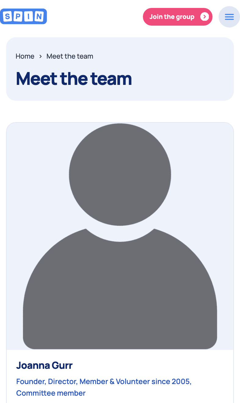 Team page, on a phone.