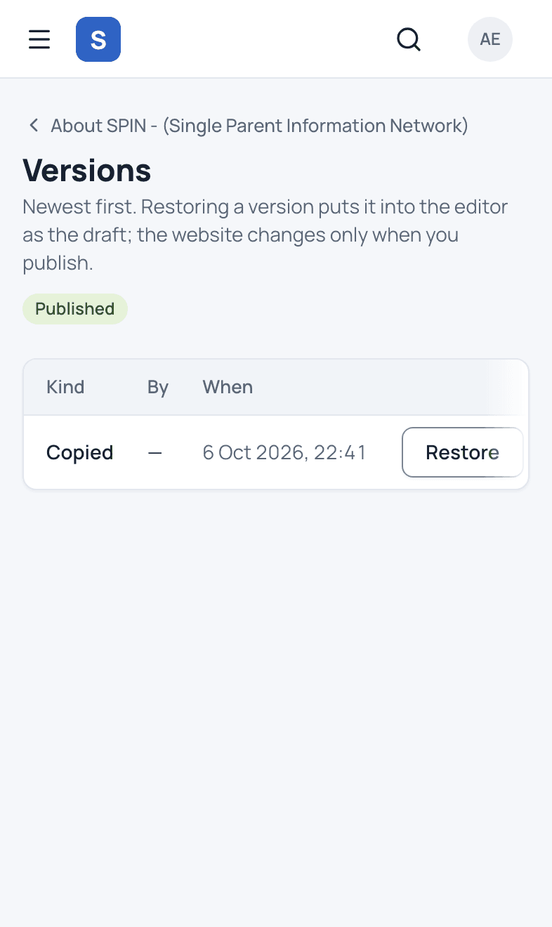 Version history, on a phone.